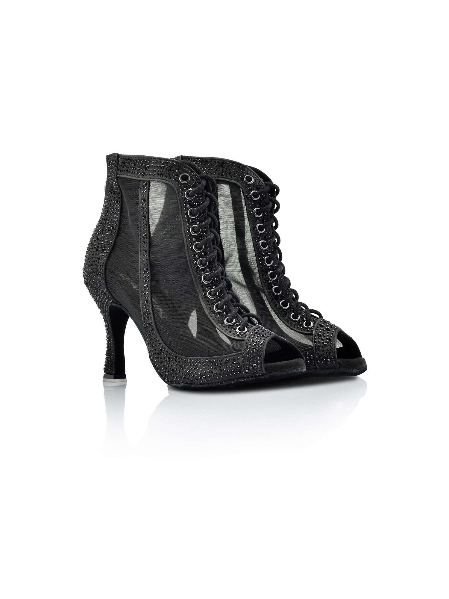 Stivaletto Raso Nero e Retina con Strass